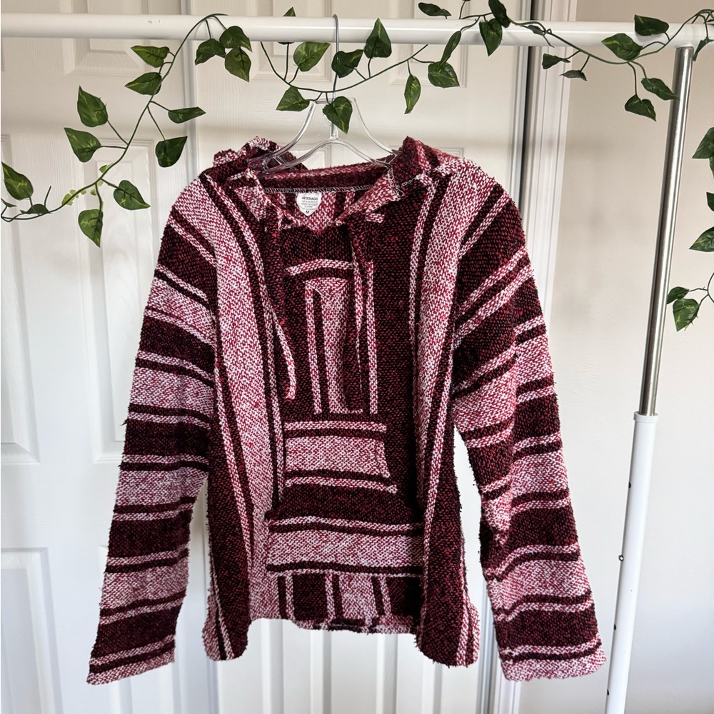 Unisex Mexican Baja Hoodie Artesanias Sweatshirt Blanket Poncho Stripes Red Pink